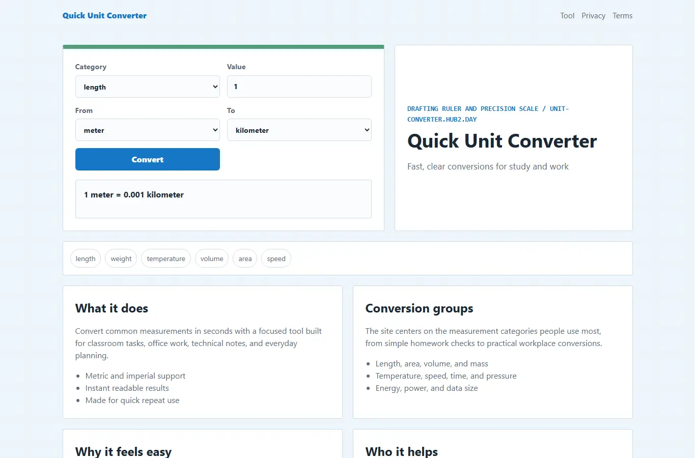 Screenshot of Quick Unit Converter interface showing the project page in use